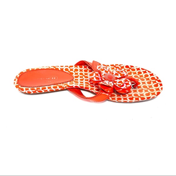 Coach Pattey Orange & Pink Logo Flip Flops w/ Flowers - Picture 9 of 12